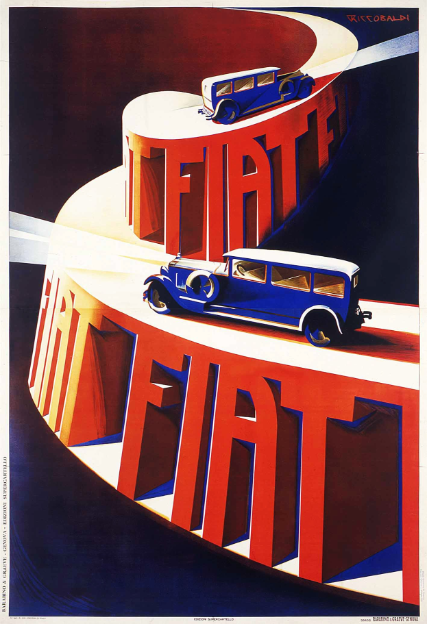 Plakatwerbung für Fiat-Autos, mit einem blauen Auto und einem roten Auto mit Text darauf.