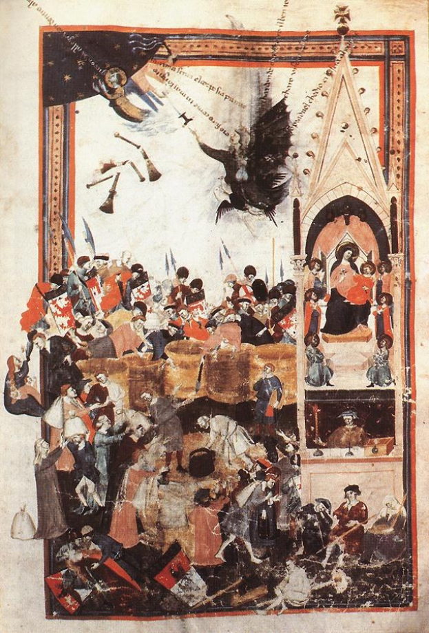 Illuminierte Handschrift mit einer Darstellung des Sturzes der rebellischen Engel, mit einer Gruppe von Menschen in einer Kirche, leuchtenden Farben, detaillierten Elementen und fettem Text.