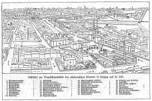 Schwarzes und weißes Architekturzeichnung von Berlin mit Gebäuden, Bäumen und Pfählen, betitelt mit "Günstlers Plan von Berlin" unten.