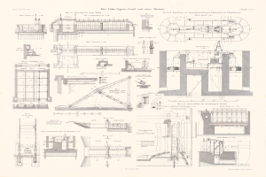 Papier mit einer detaillierten architektonischen Stilzeichnung einer Maschine, einschließlich Diagrammen und Text.