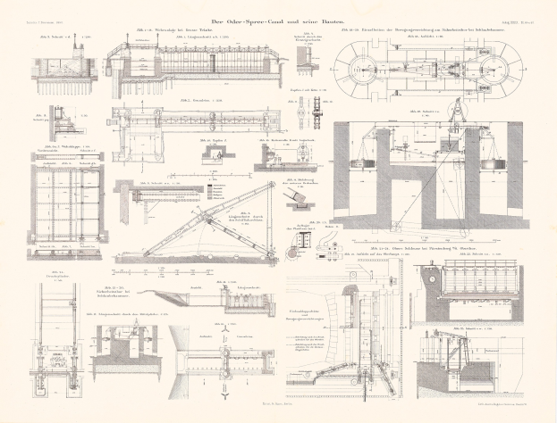 Papier mit einer detaillierten architektonischen Stilzeichnung einer Maschine, einschließlich Diagrammen und Text.