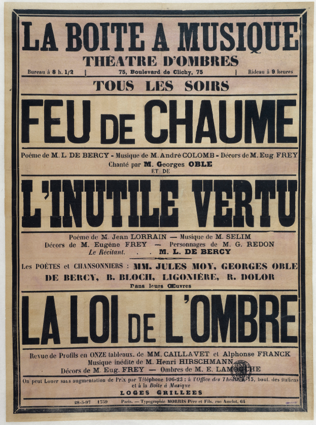 Eine alte Zeitungsanzeige für ein Musiktheater in Paris, Frankreich, mit Text, der das Angebot des Theaters beschreibt.