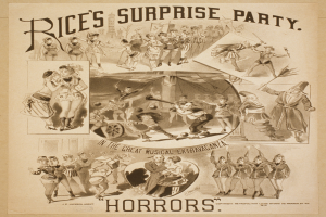 Ein Blatt mit Fotos von lachenden und fröhlichen Menschen auf einer Party, mit fetter Schrift, die "Rices Überraschungsparty im Großen Musikalischen Spektakel" auf einem hellgelben Hintergrund liest.
