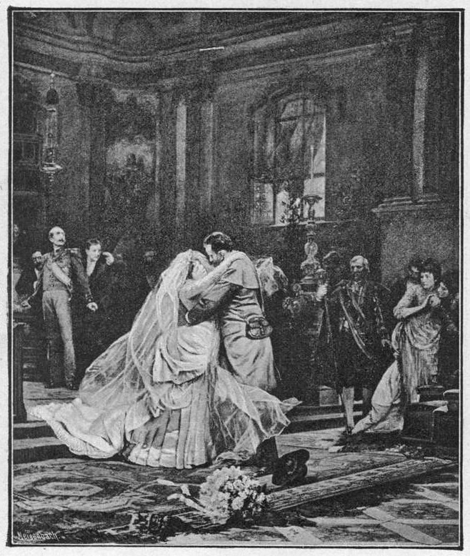 Schwarz-weiß-Foto einer Braut und eines Bräutigams, die sich vor einer Menge küssen, mit einem Blumenstrauß auf dem Boden und einer fensterumrandeten Wand im Hintergrund.