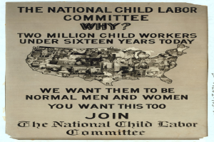 Plakat mit der Aufschrift "Das Nationale Komitee gegen Kinderarbeit: Warum? Zweieinhalb Millionen Kinderarbeiter unter sechzehn Jahren heute" mit einer USA-Karte und Illustrationen von Komiteemitgliedern.