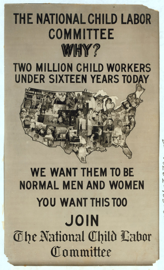 Plakat mit der Aufschrift "Das Nationale Komitee gegen Kinderarbeit: Warum? Zweieinhalb Millionen Kinderarbeiter unter sechzehn Jahren heute" mit einer USA-Karte und Illustrationen von Komiteemitgliedern.