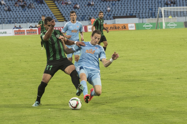 Menschen spielen ein Ballspiel auf Rasen mit einem Netz und Tribünen, mit Zuschauern und Stadionstühlen im Hintergrund.