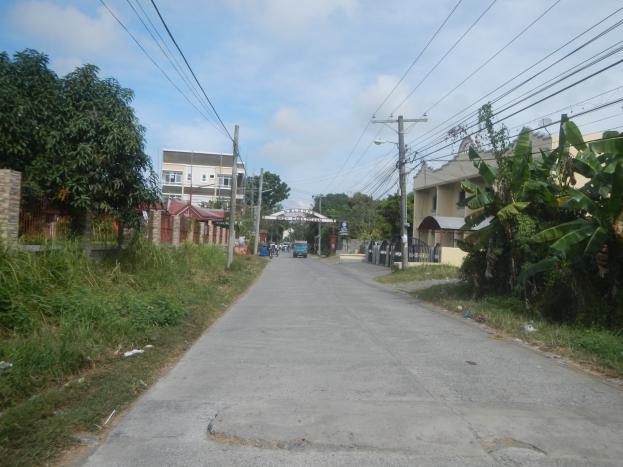 Straße mit Fahrzeugen, umgeben von Gras, Pflanzen, Bäumen, Strommasten, Drähten, Gebäuden und einem Tor, unter einem bewölkten Himmel, mit einem "For Sale Lot / Land / Farm Cavite > Imus 1"-Schild an der Seite.