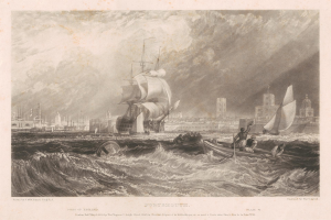 Eine Gravur eines Schiffs, das in der Nähe von Gebäuden auf einem cloudy sky, mit der Beschriftung "Portsmouth, England by Thomas Rowlandson" am unteren Rand.