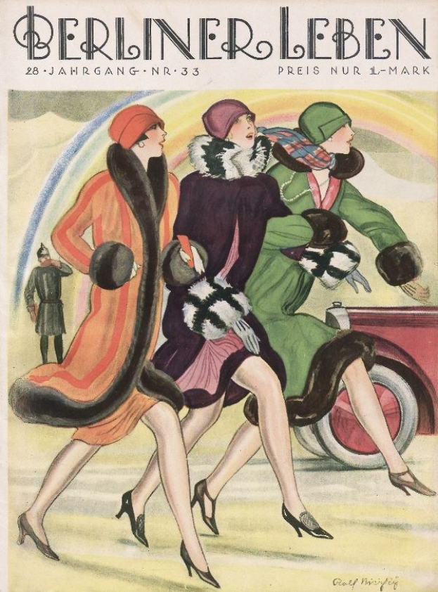 Plakat einer Berliner Leben Magazin-Titelseite aus Februar 1933, das drei Frauen in bunten Kleidern und Hüten zeigt, die auf einer Straße gehen, mit einem Auto und einer Person im Hintergrund und Text auf dem Plakat.
