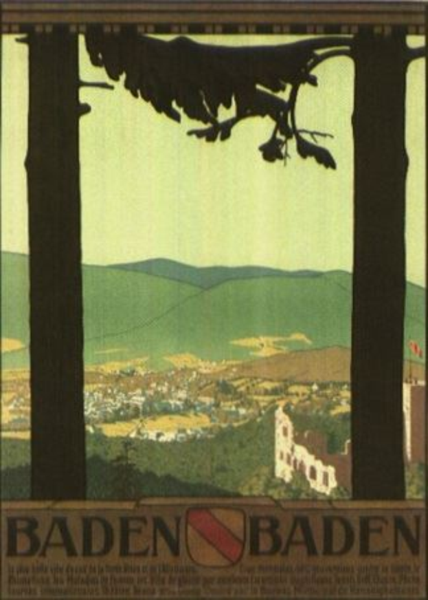 Ein Vogel sitzt auf einem Ast mit Gebäuden und Hügeln im Hintergrund, unter einem klaren blauen Himmel, auf einem Plakat, das Baden-Württemberg, Deutschland, bewirbt, mit Text, der Informationen über die Stadt enthält.