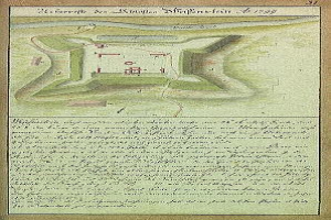 Eine alte Karte von Stuttgart, Deutschland, die ein Schloss in der Mitte zeigt, mit begleitendem Text, der die Größe, den Standort und die Merkmale des Schlosses beschreibt.