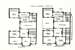 Schwarzes und weißes Architekturzeichnung eines Berliner Hauses mit Grundriss und beschrifteten Raumgrößen, Fenstern und Türen.