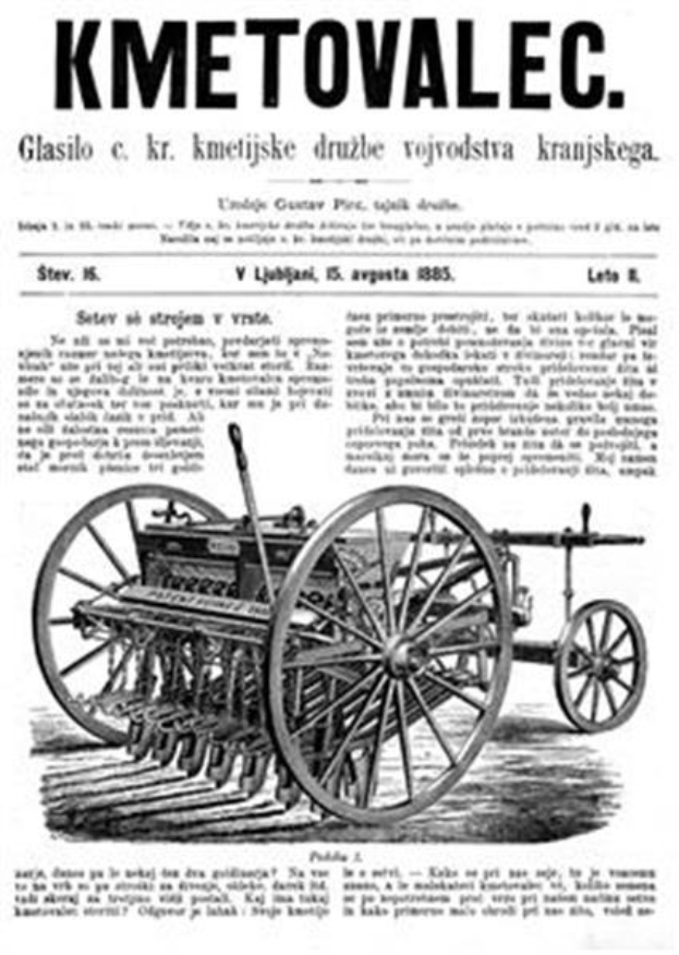 Alte Werbeplakat für einen Kmetovalec-Traktor mit Pflug, mit beschreibendem Text.