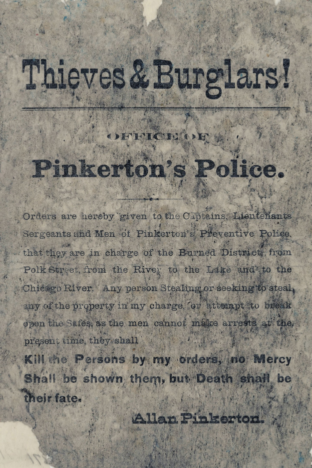 Plakat mit fettem schwarzen Text "Diebe & Einbrecher Pinkertons Polizei" auf einem weißen Hintergrund, umrahmt von einem schmalen schwarzen Rand.