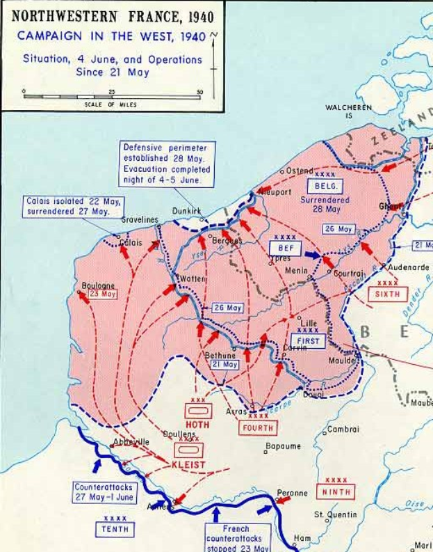 Ausführliche Karte von Nordfrankreich aus dem 1940er Westfeldzug, mit Text und numerischen Daten annotiert.