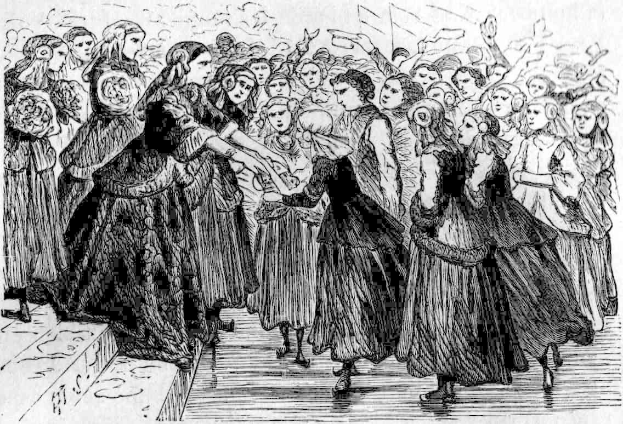 Schwarzes und weißes Zeichnung von Frauen, die vor einem Publikum tanzen, mit einer Treppe links und dem Text "Victorian Women's Day" unten.